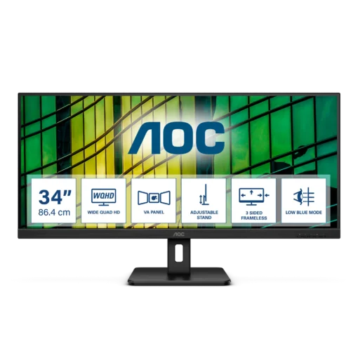 AOC-U34E2M Monitor | 34 inch | WQHD 3440x1440 100Hz | 1ms | DP VESA | Flicker Free | Low Blue Mode | AdaptiveSync | 3YR Warranty